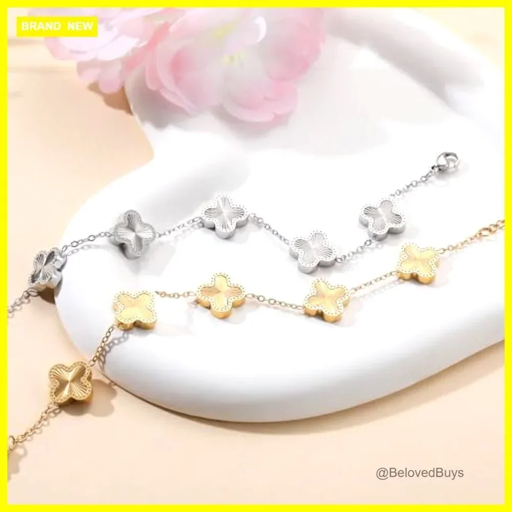 18K Gold Plated Clover Bracelet Adjustable Lucky Charm Stainless Steel